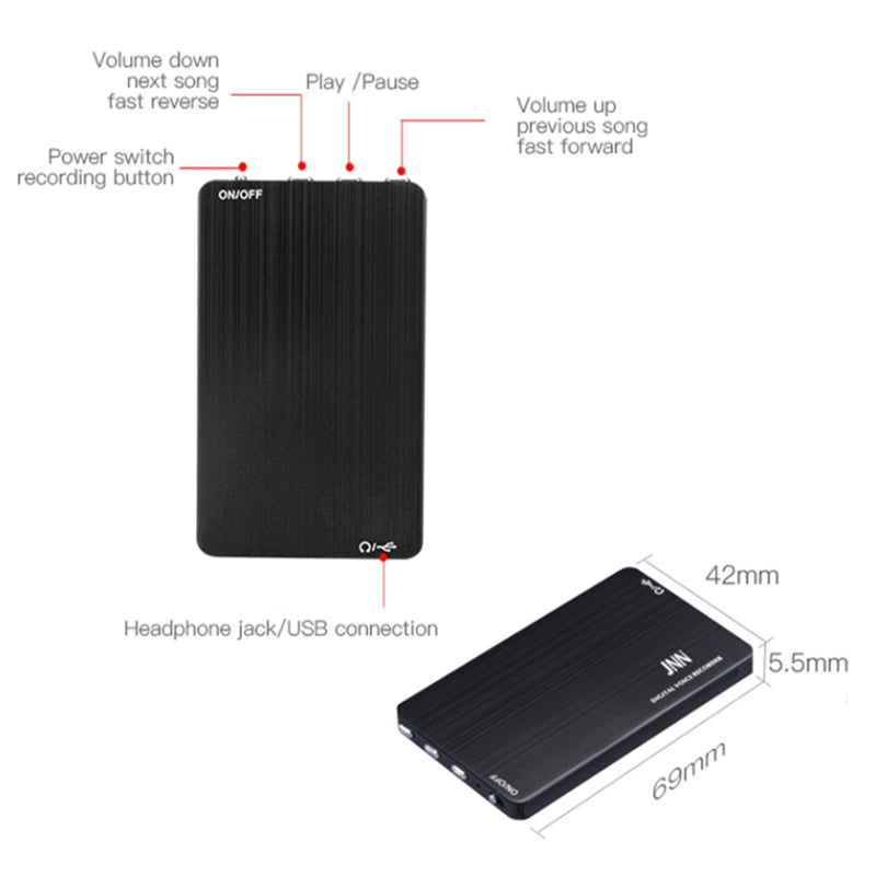 JNN M2 64GB Mini Digital Audio Voice Recorder MP3 Player 192Kbps Recording WAV Aluminum Alloy Sound Recorder