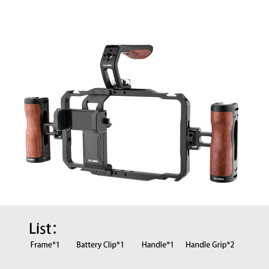 YELANGU LW-B01A Aluminum Alloy Phone Cage Rig Wooden Handle Phone Video Stabilizer Grip with Power Bank Clip