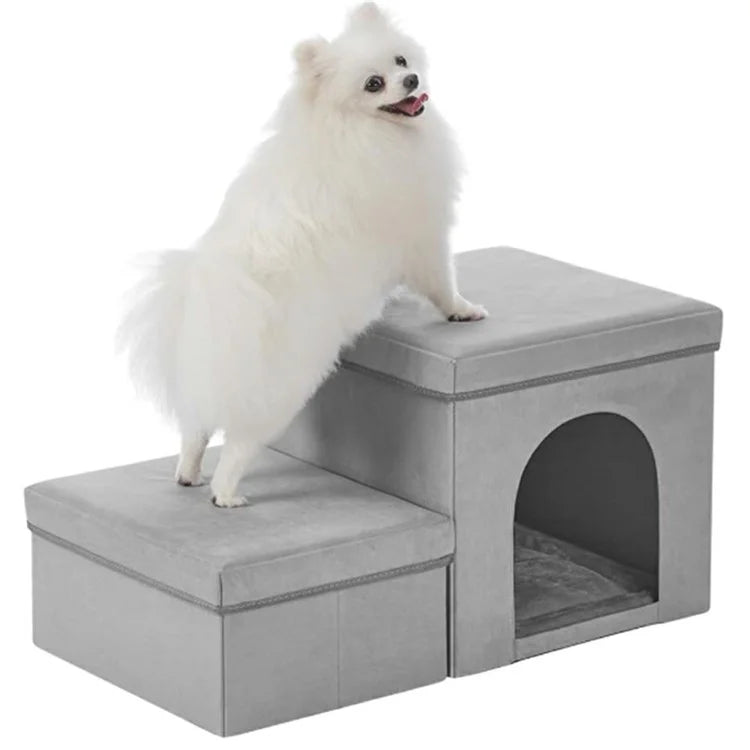 Foldable Pet Stairs Steps for Beds Sofas Linen Fabric Two Tier Dog House Storage Boxes