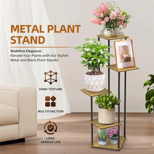 Indoor Iron Frame Wooden Flower Pot Rack Living Room Balcony Flower Plant Holder Floor Stand