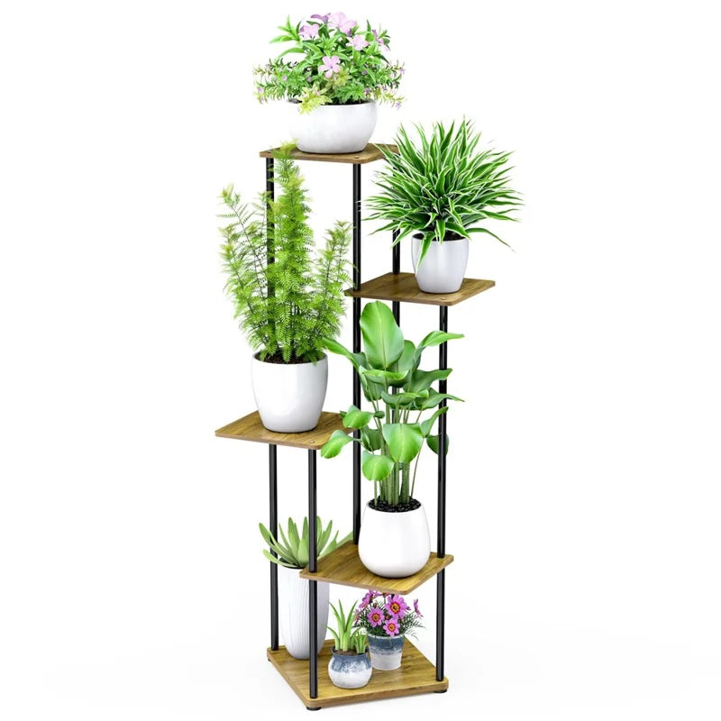Indoor Iron Frame Wooden Flower Pot Rack Living Room Balcony Flower Plant Holder Floor Stand