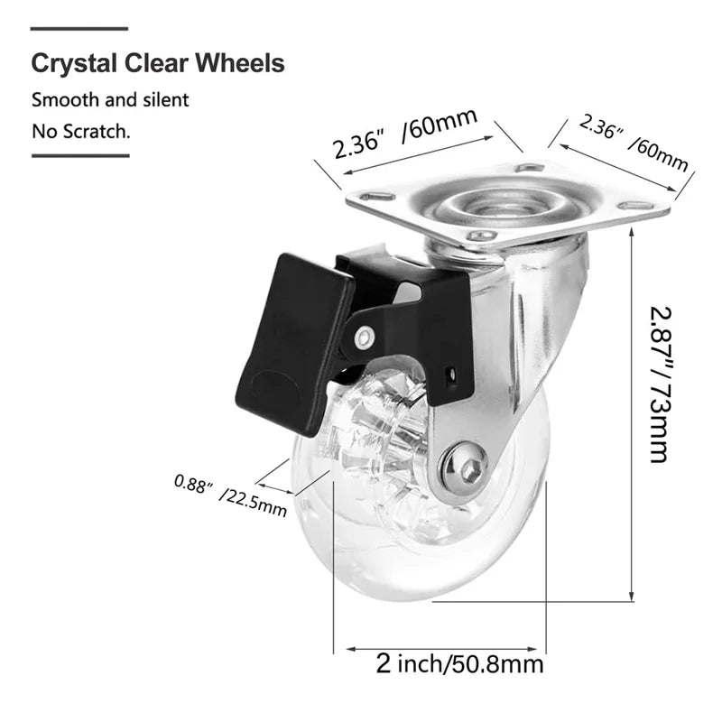 4Pcs 2-inch Crystal Clear Caster Universal Replacement Furniture Wheels with Brake