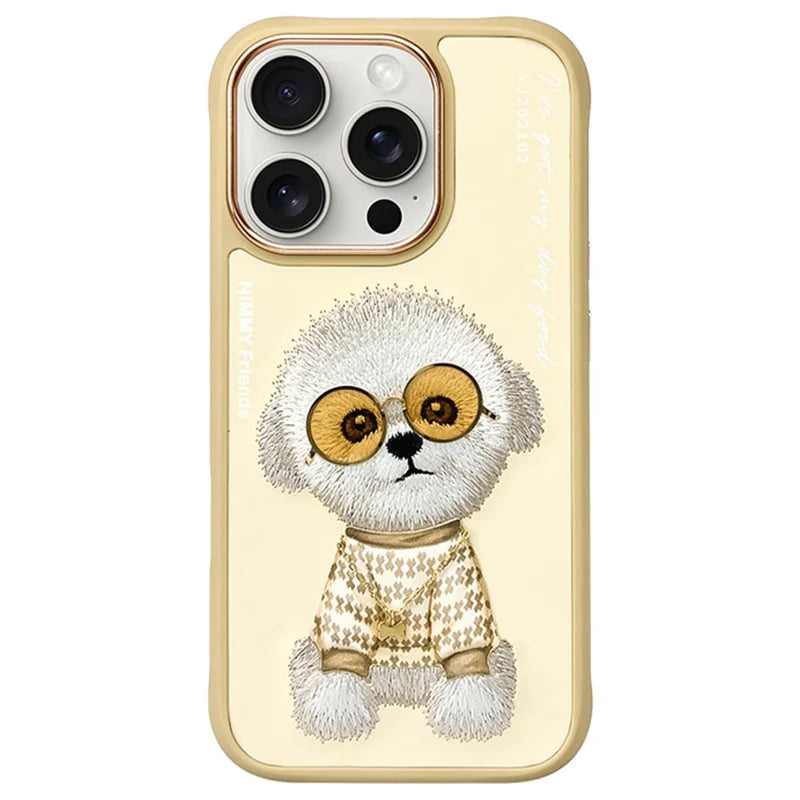 NIMMY for iPhone 16 Pro Case Embroidery PU Leather+PC+TPU Phone Cover - Yellow Teddy Dog