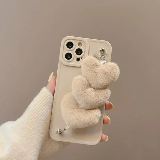 For iPhone 15 Pro Max Case Fluffy Heart Wristband TPU Phone Cover