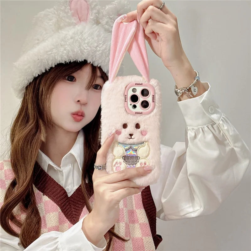 KJS-023 For iPhone 15 Pro Max Case Cute Rabbit Lens Kickstand TPU Warm Plush Handheld Phone Cover