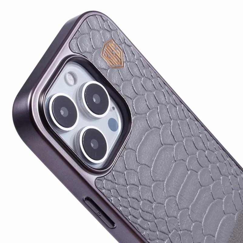 KIGC For iPhone 16 Pro Max Case Compatible with MagSafe Crocodile Texture PU+PC+TPU Electroplating Phone Cover
