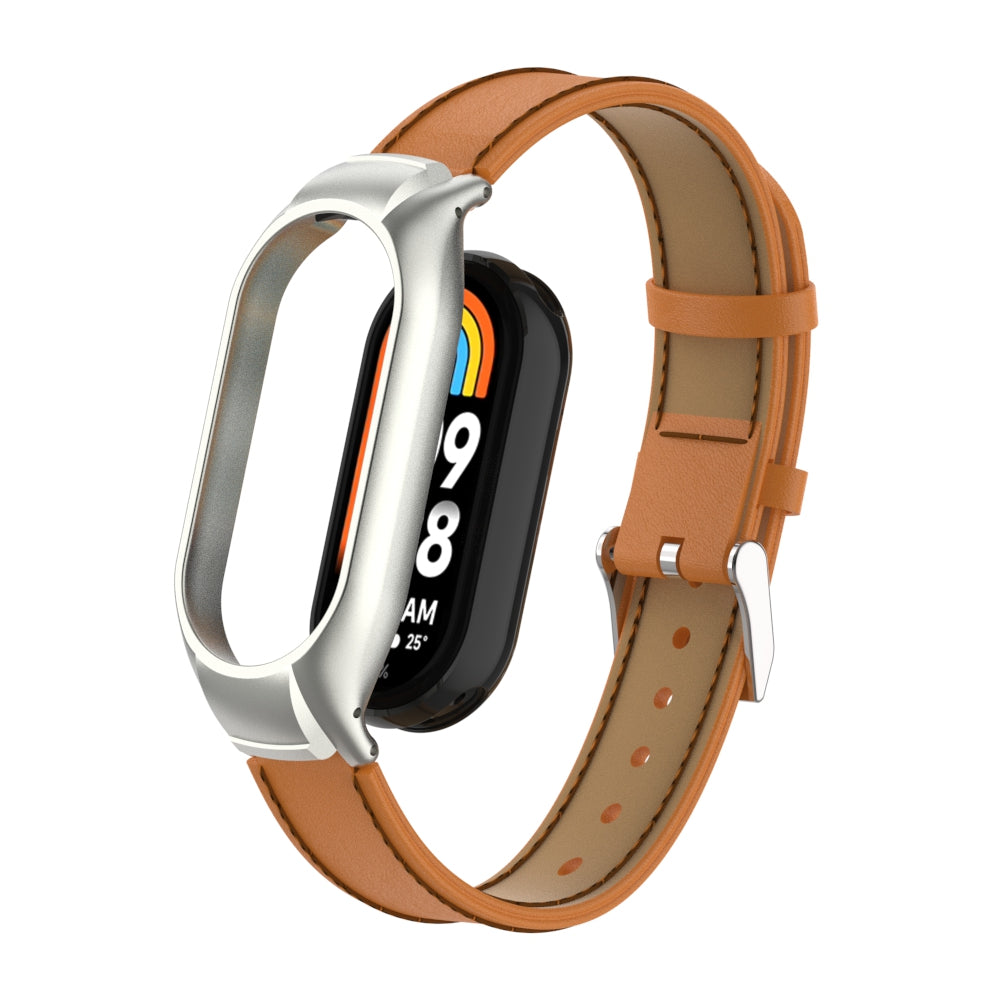 For Xiaomi Smart Band 8 Stitching Microfiber Leather Watch Band Replacement Strap with Metal Frame Case