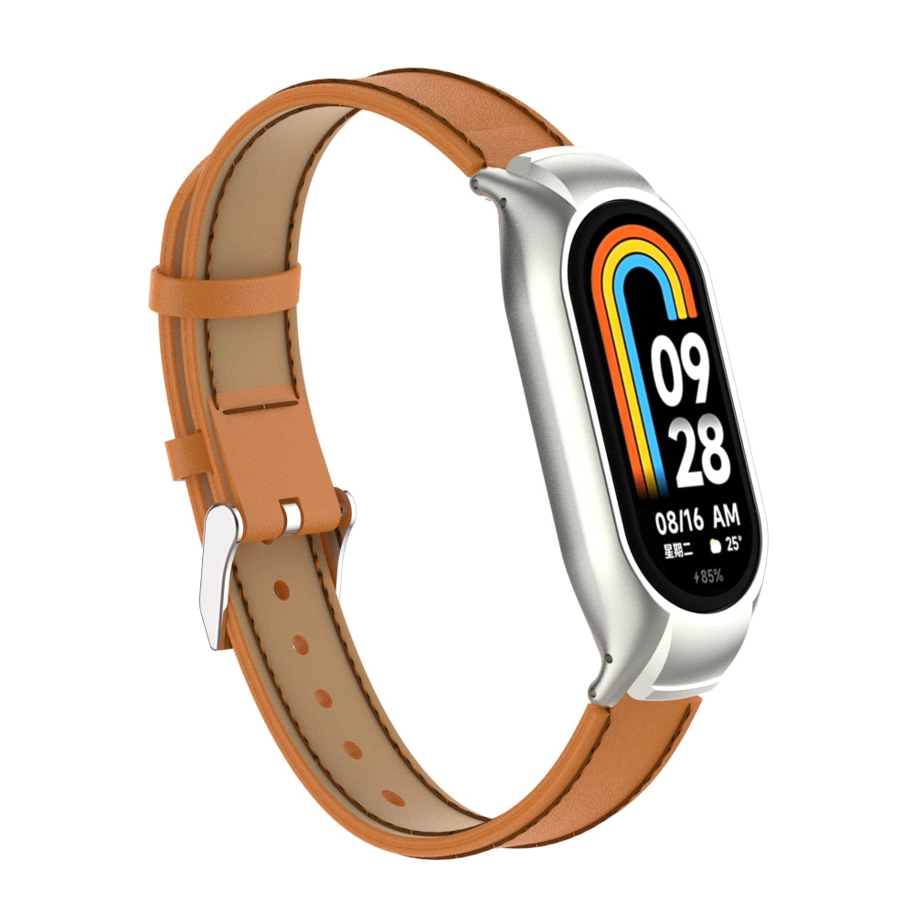 For Xiaomi Smart Band 8 Stitching Microfiber Leather Watch Band Replacement Strap with Metal Frame Case