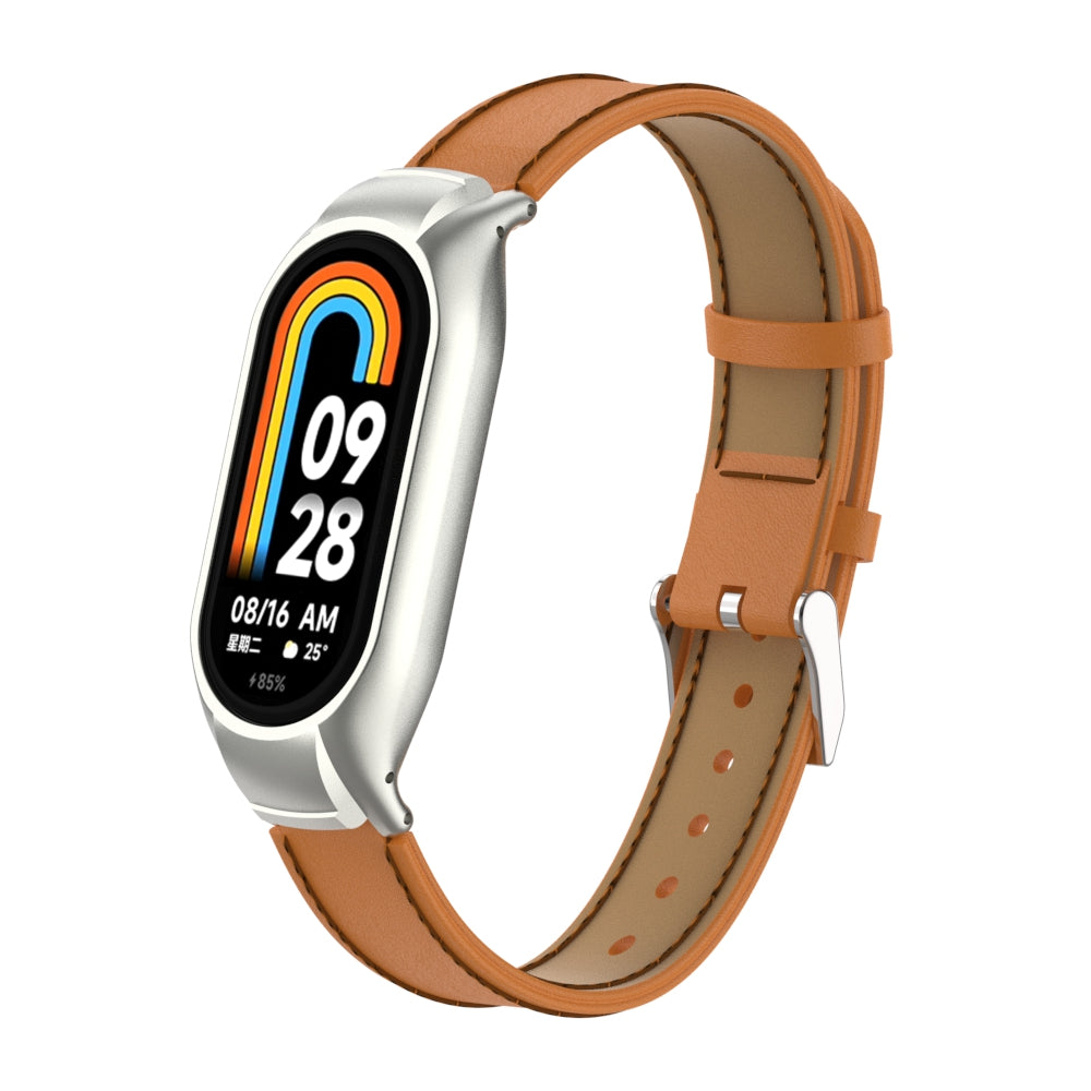 For Xiaomi Smart Band 8 Stitching Microfiber Leather Watch Band Replacement Strap with Metal Frame Case