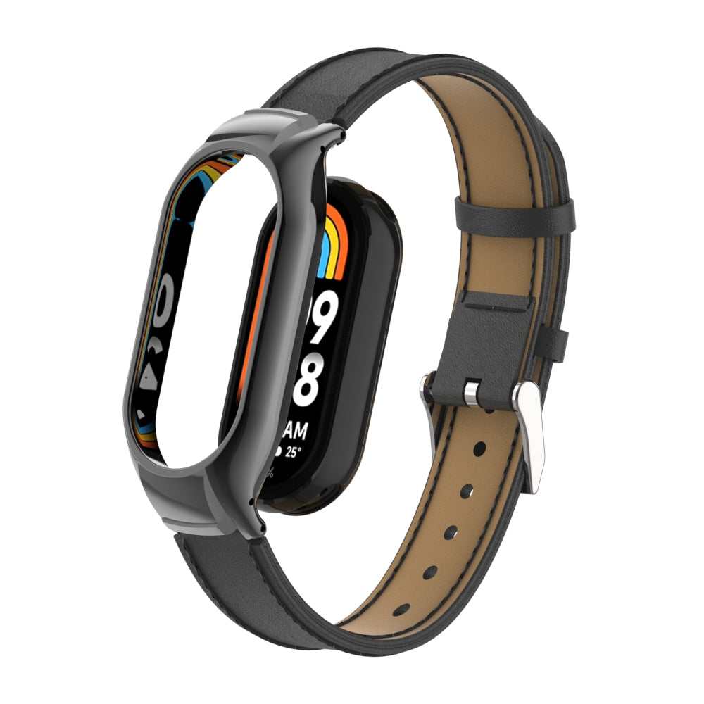 For Xiaomi Smart Band 8 Stitching Microfiber Leather Watch Band Replacement Strap with Metal Frame Case