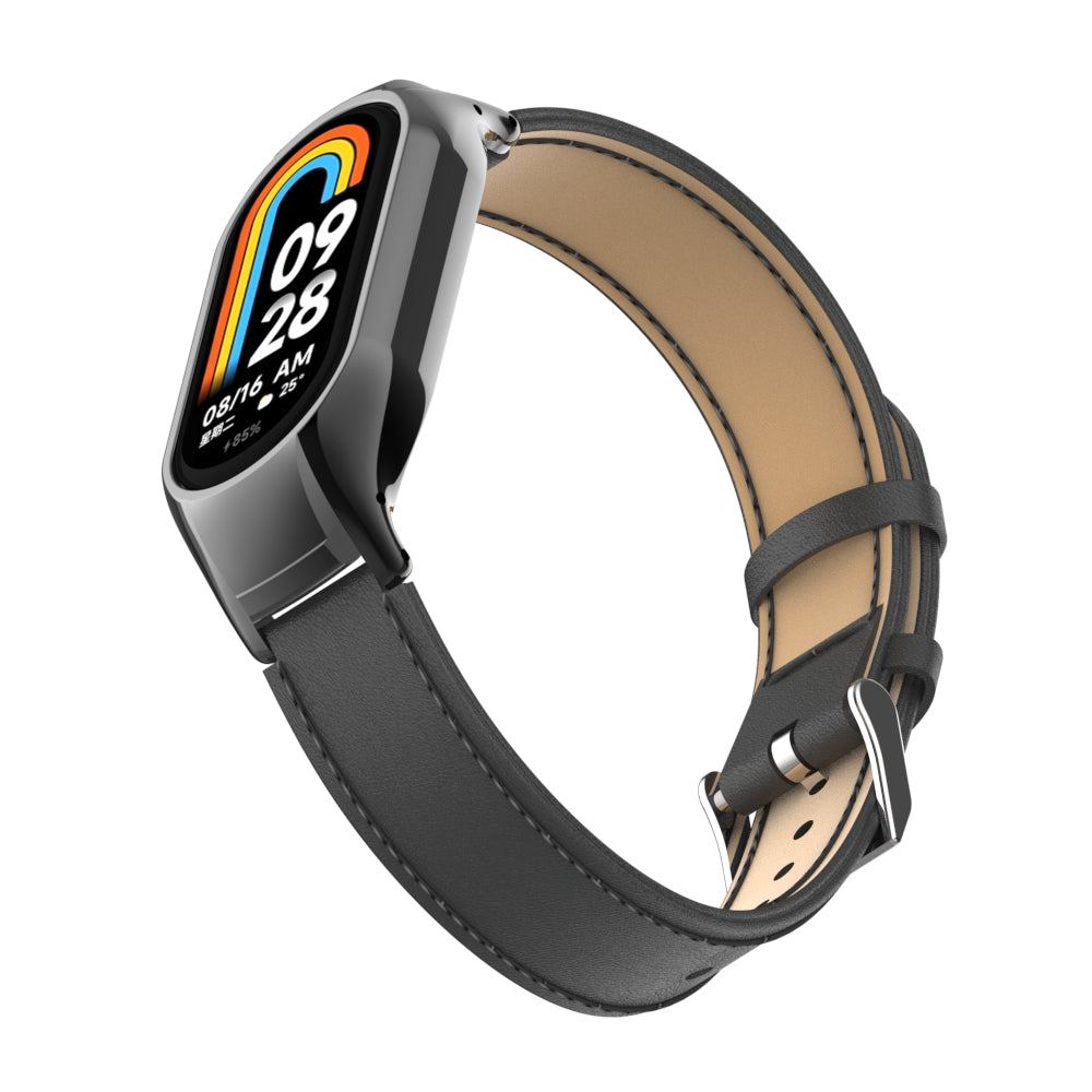 For Xiaomi Smart Band 8 Stitching Microfiber Leather Watch Band Replacement Strap with Metal Frame Case