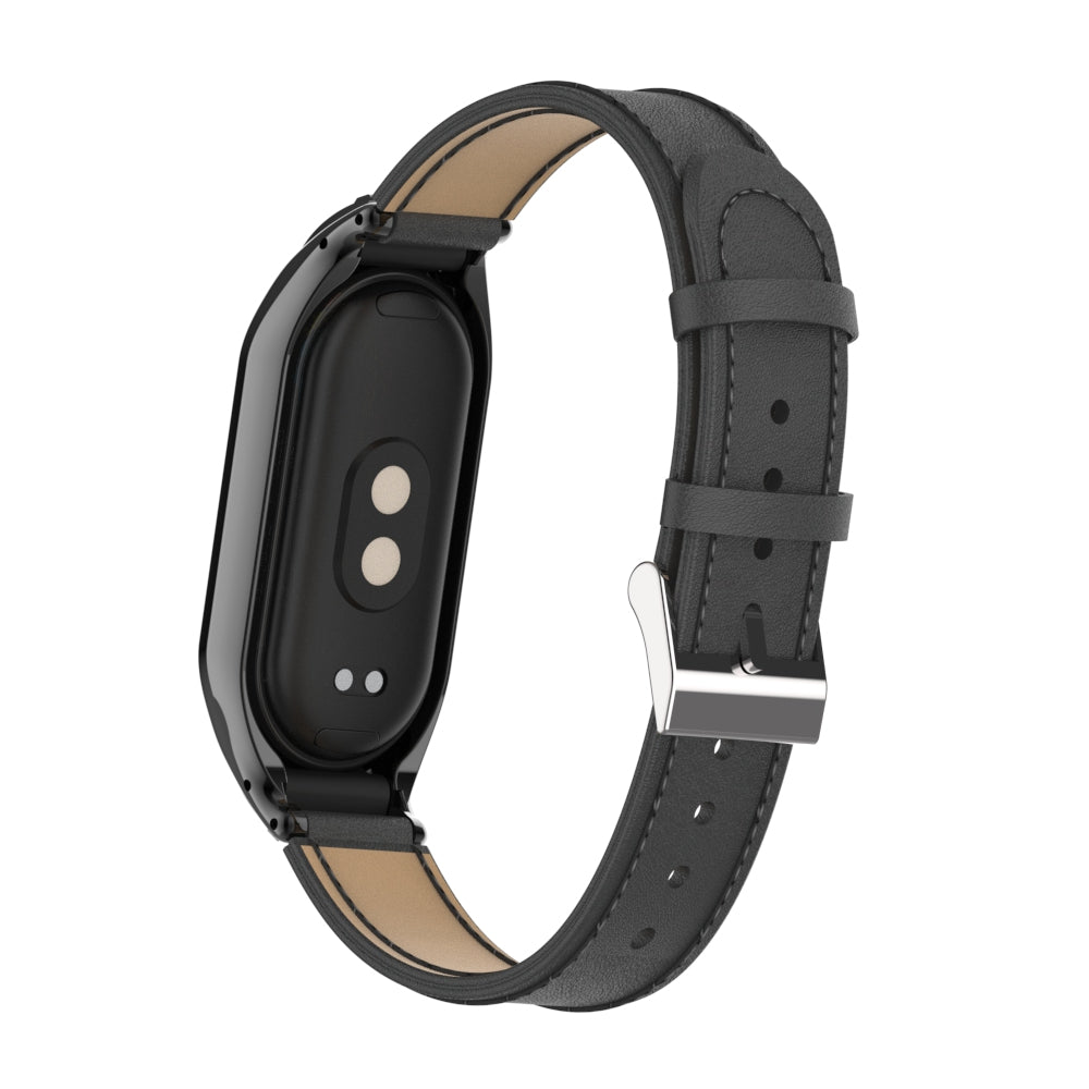 For Xiaomi Smart Band 8 Stitching Microfiber Leather Watch Band Replacement Strap with Metal Frame Case