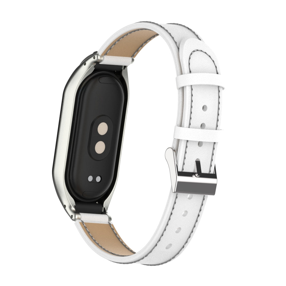For Xiaomi Smart Band 8 Stitching Microfiber Leather Watch Band Replacement Strap with Metal Frame Case