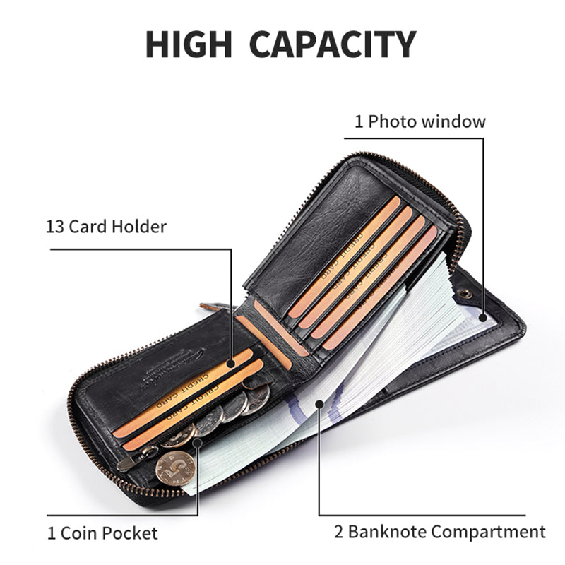 GUBINTU Top Layer Cowhide Leather Zipper Men Folding Wallet RFID Blocking Cards Cash Carrying Bag
