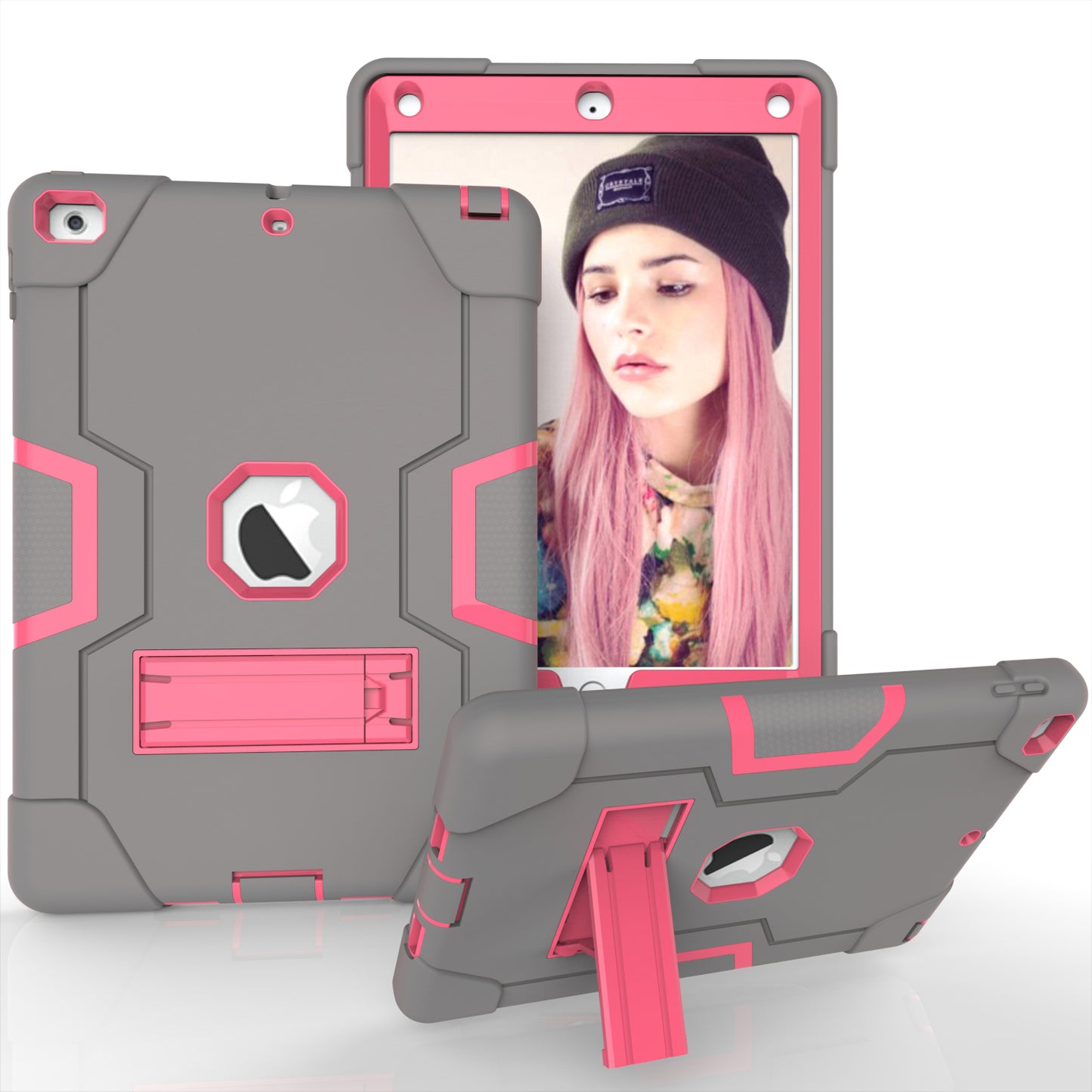 For iPad 9.7-inch (2018)/iPad 9.7-inch (2017) Bi-color PC Silicone Tablet Case Kickstand Anti-drop Hybrid Cover