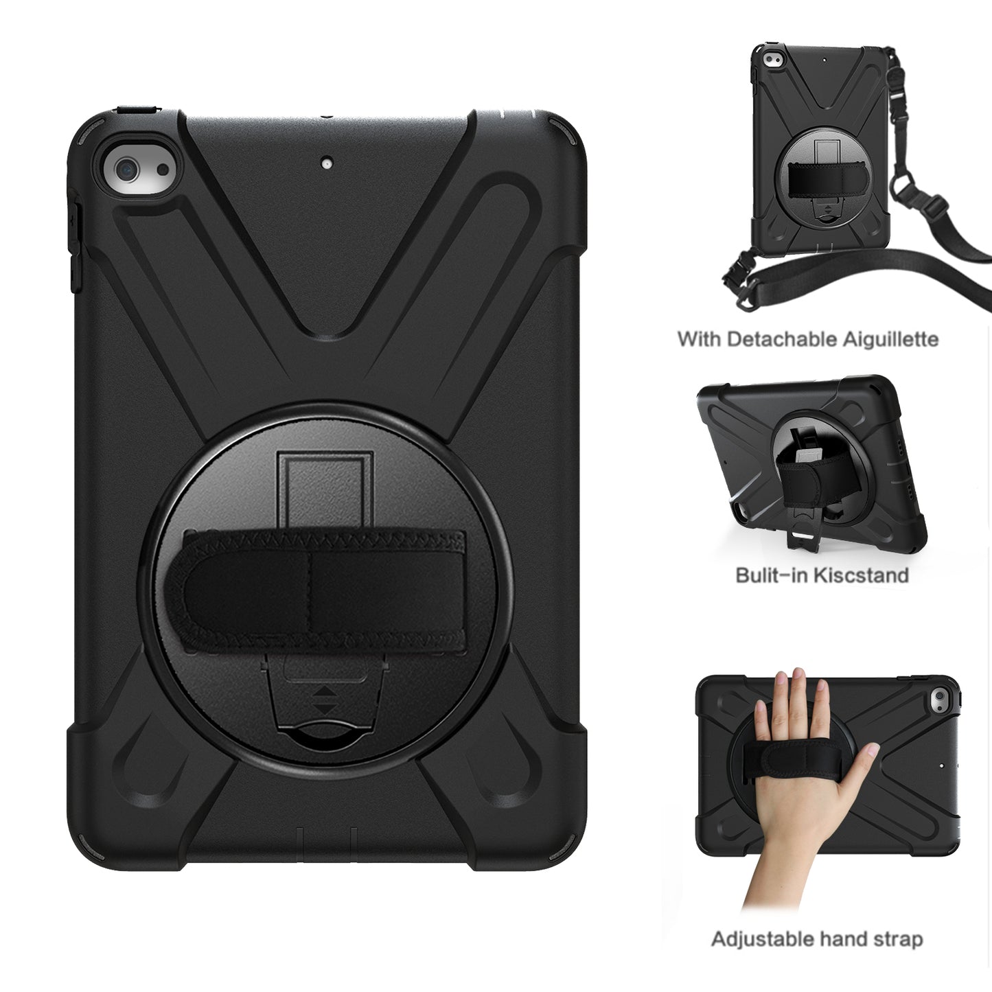 For iPad mini (2019) 7.9 inch / mini 4 X-Shape PC + TPU Rotary Kickstand Cover with Handstrap + Shoulder Strap