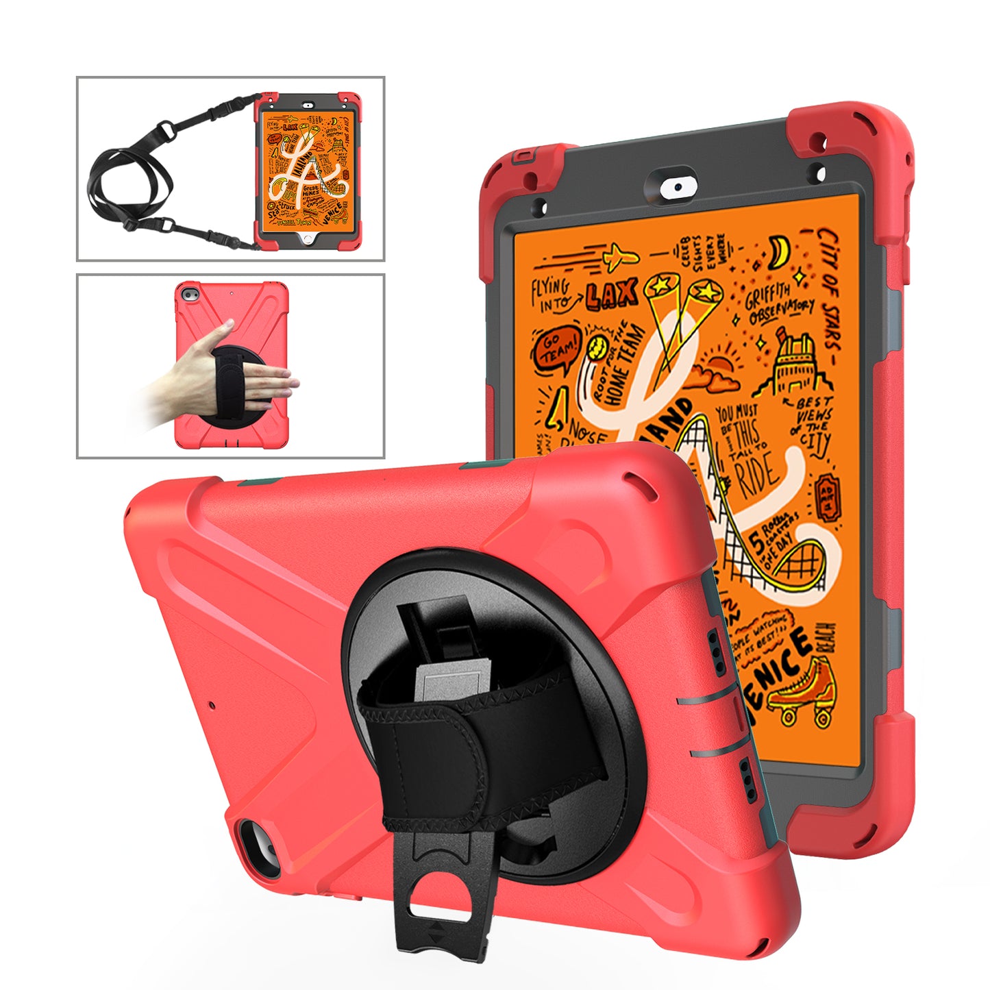 For iPad mini (2019) 7.9 inch / mini 4 X-Shape PC + TPU Rotary Kickstand Cover with Handstrap + Shoulder Strap