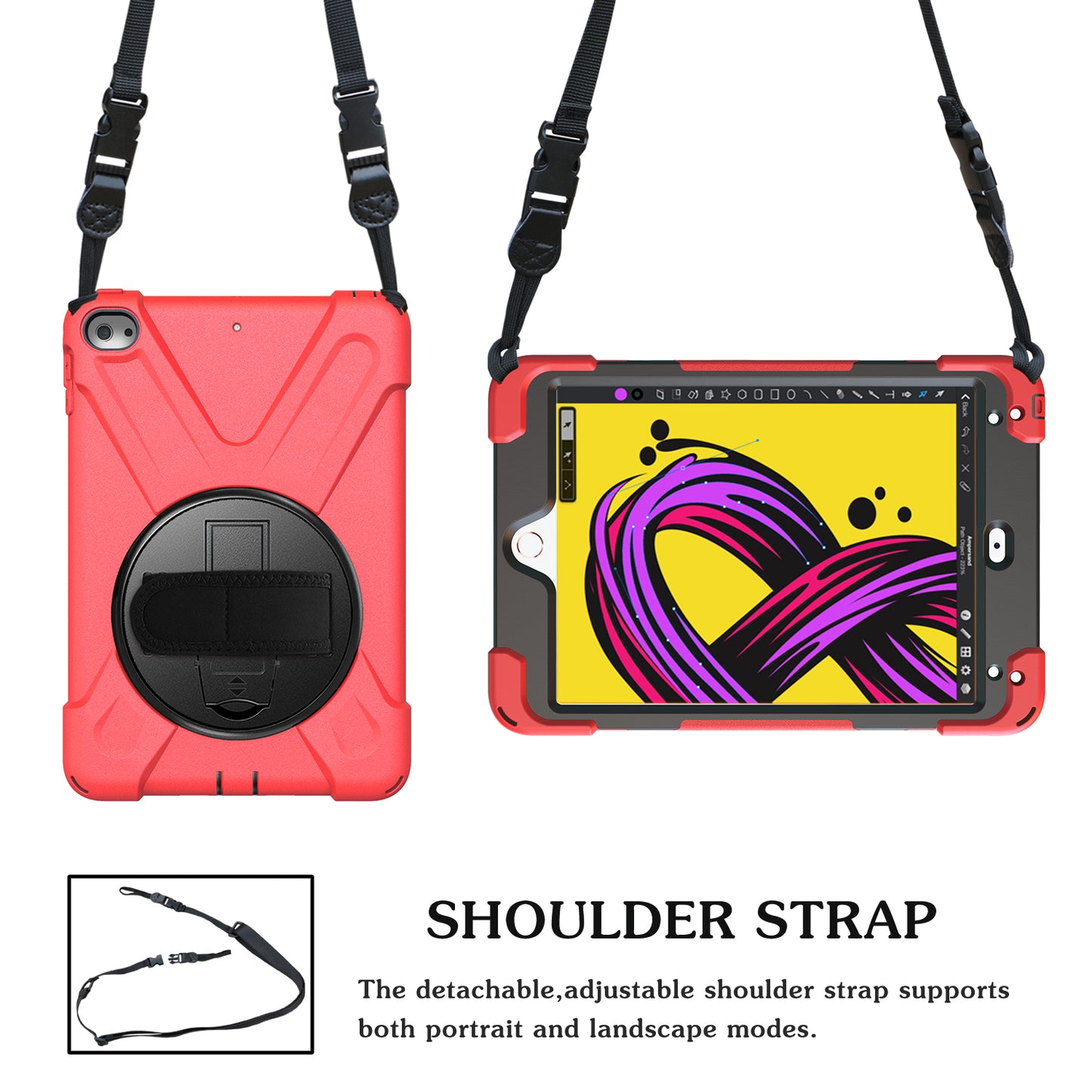 For iPad mini (2019) 7.9 inch / mini 4 X-Shape PC + TPU Rotary Kickstand Cover with Handstrap + Shoulder Strap