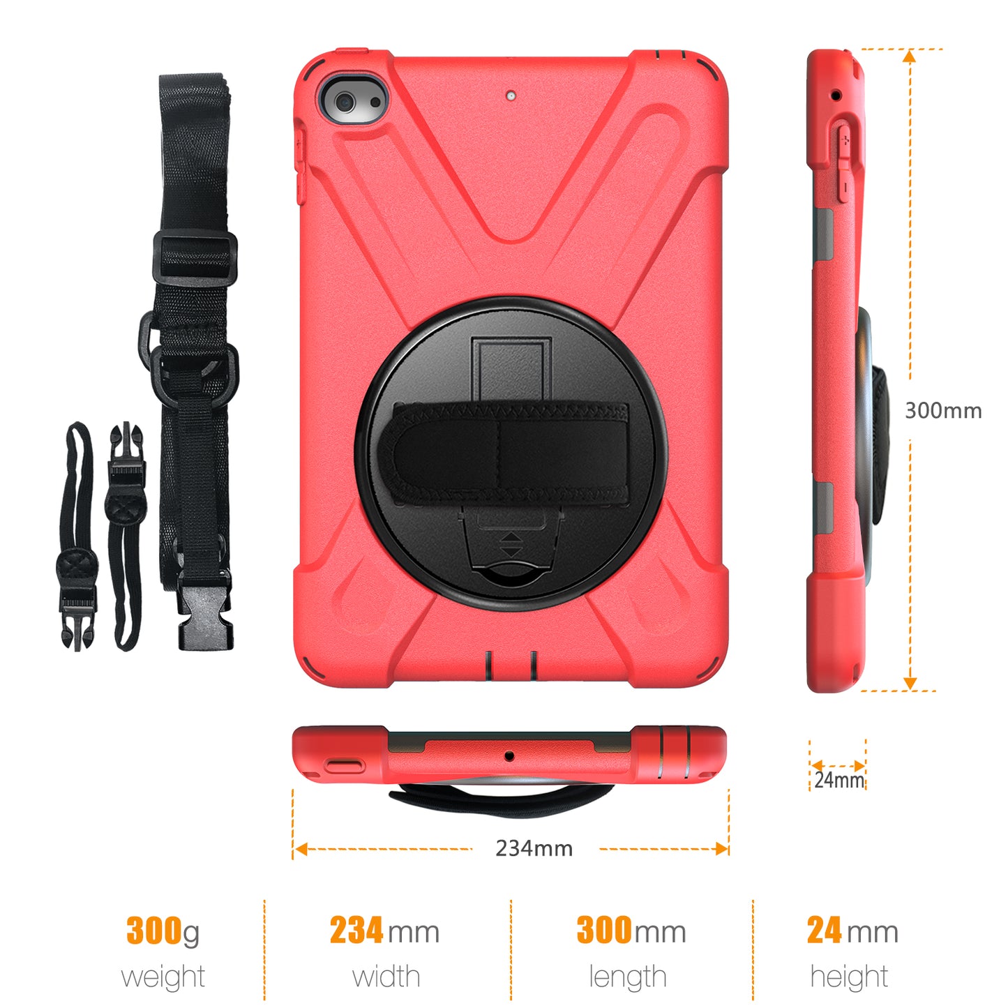 For iPad mini (2019) 7.9 inch / mini 4 X-Shape PC + TPU Rotary Kickstand Cover with Handstrap + Shoulder Strap