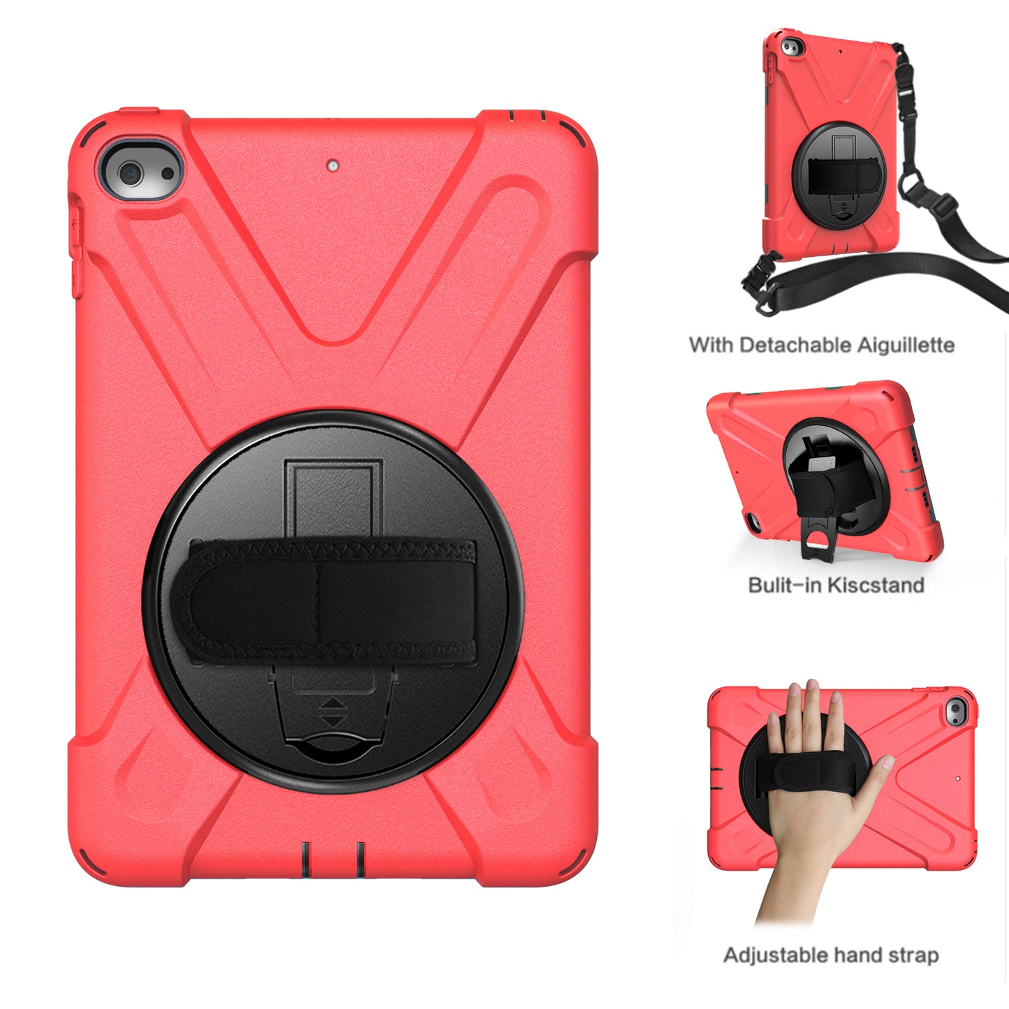 For iPad mini (2019) 7.9 inch / mini 4 X-Shape PC + TPU Rotary Kickstand Cover with Handstrap + Shoulder Strap