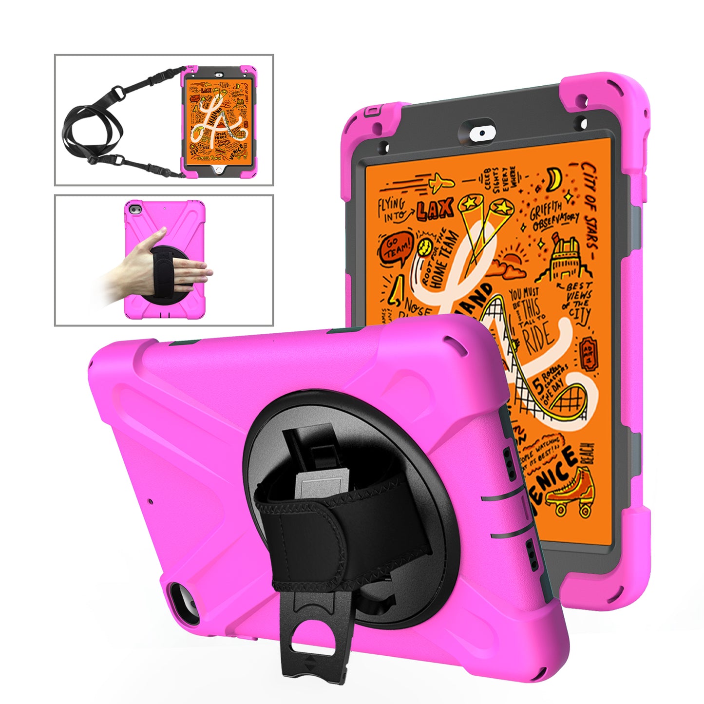 For iPad mini (2019) 7.9 inch / mini 4 X-Shape PC + TPU Rotary Kickstand Cover with Handstrap + Shoulder Strap