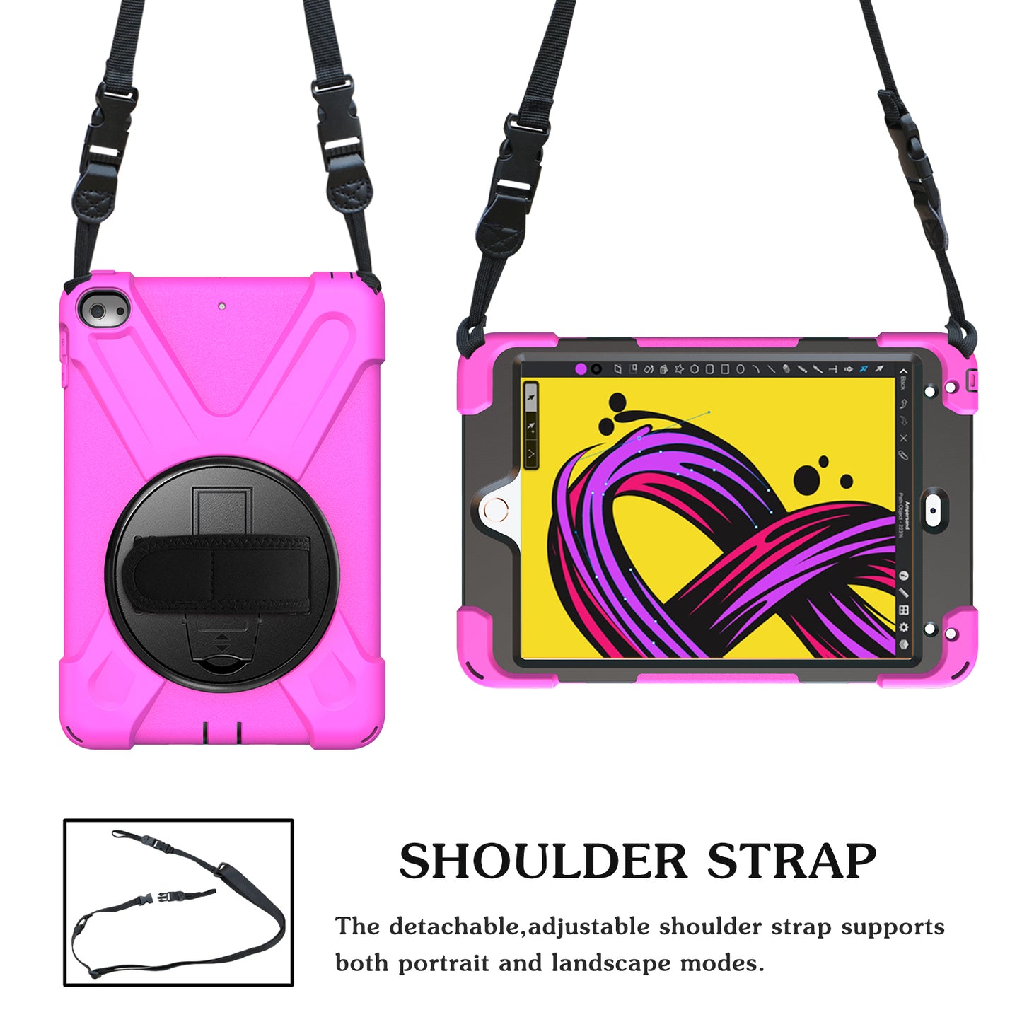 For iPad mini (2019) 7.9 inch / mini 4 X-Shape PC + TPU Rotary Kickstand Cover with Handstrap + Shoulder Strap