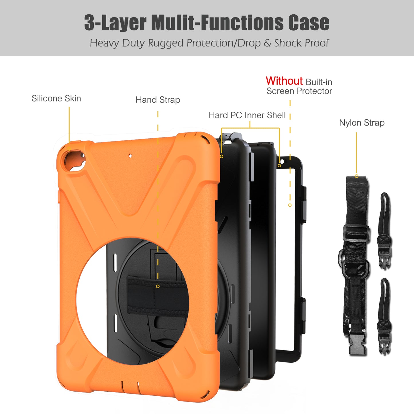 For iPad mini (2019) 7.9 inch / mini 4 X-Shape PC + TPU Rotary Kickstand Cover with Handstrap + Shoulder Strap