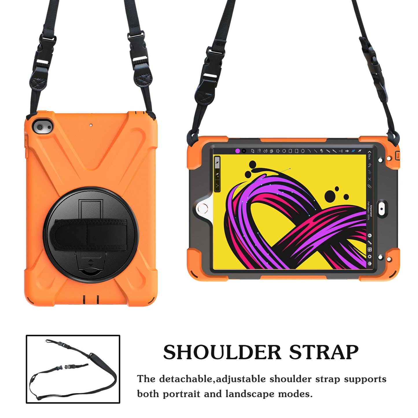 For iPad mini (2019) 7.9 inch / mini 4 X-Shape PC + TPU Rotary Kickstand Cover with Handstrap + Shoulder Strap