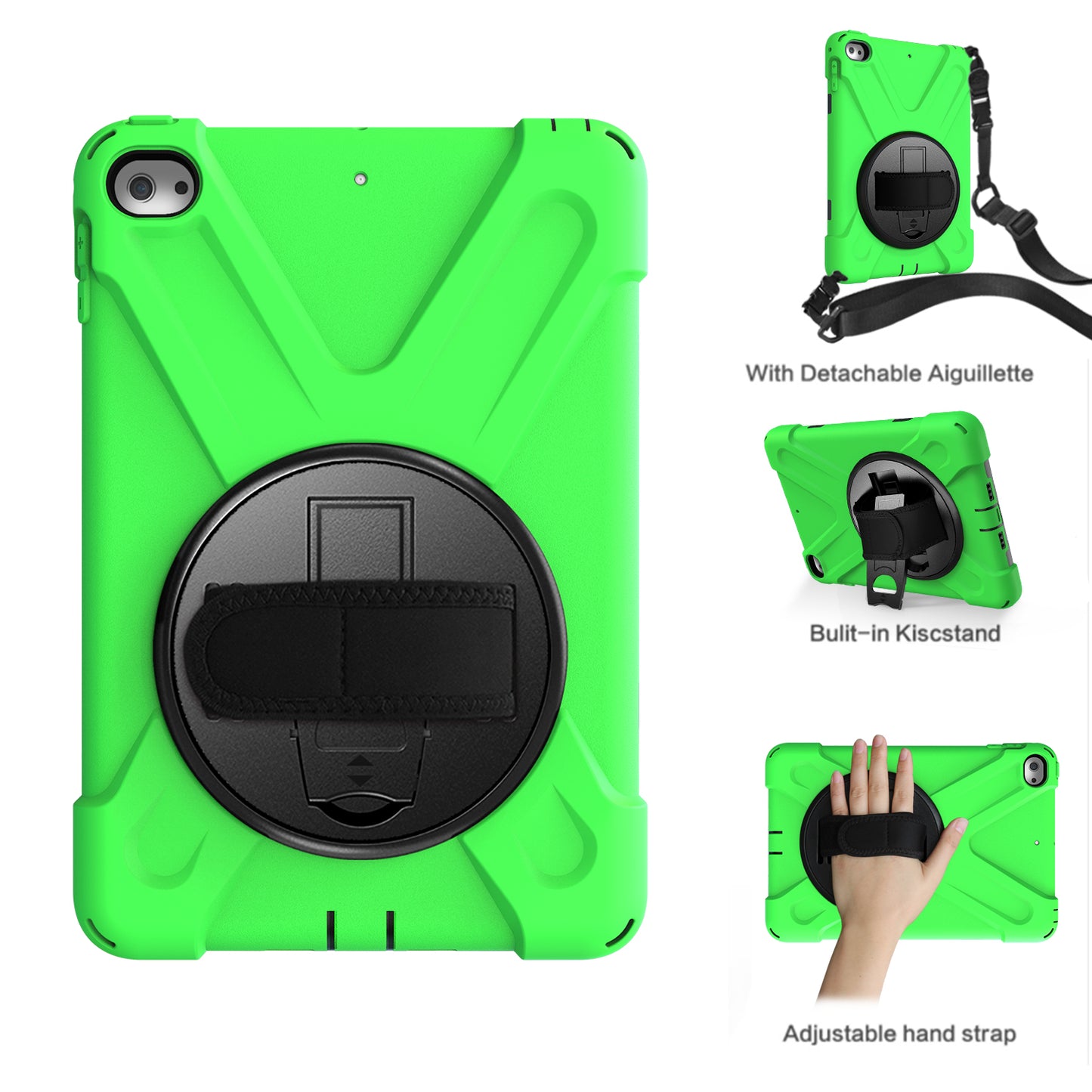 For iPad mini (2019) 7.9 inch / mini 4 X-Shape PC + TPU Rotary Kickstand Cover with Handstrap + Shoulder Strap