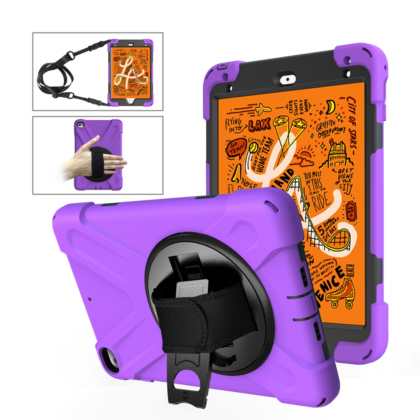 For iPad mini (2019) 7.9 inch / mini 4 X-Shape PC + TPU Rotary Kickstand Cover with Handstrap + Shoulder Strap