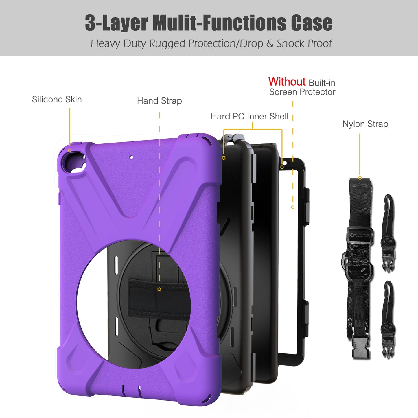 For iPad mini (2019) 7.9 inch / mini 4 X-Shape PC + TPU Rotary Kickstand Cover with Handstrap + Shoulder Strap