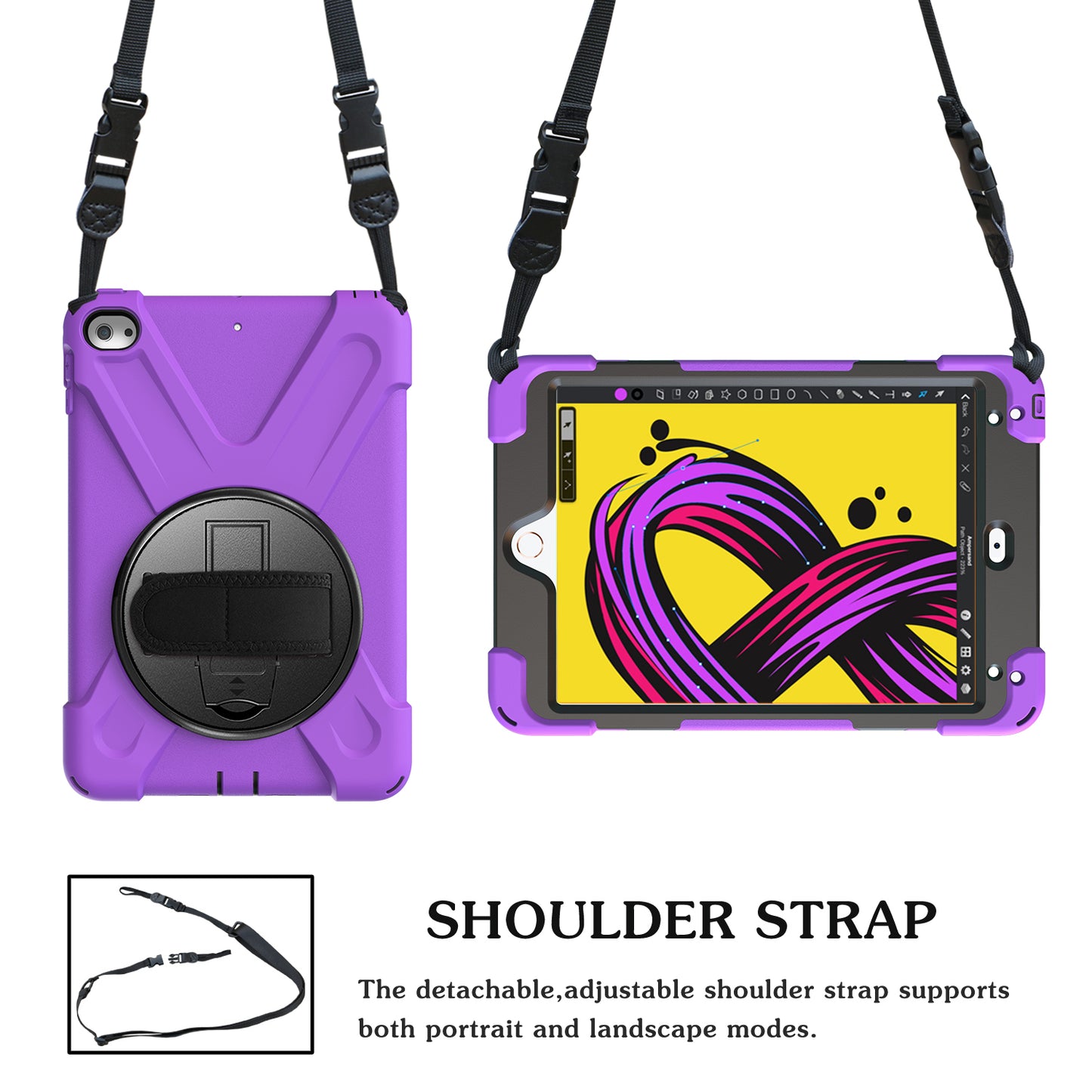 For iPad mini (2019) 7.9 inch / mini 4 X-Shape PC + TPU Rotary Kickstand Cover with Handstrap + Shoulder Strap
