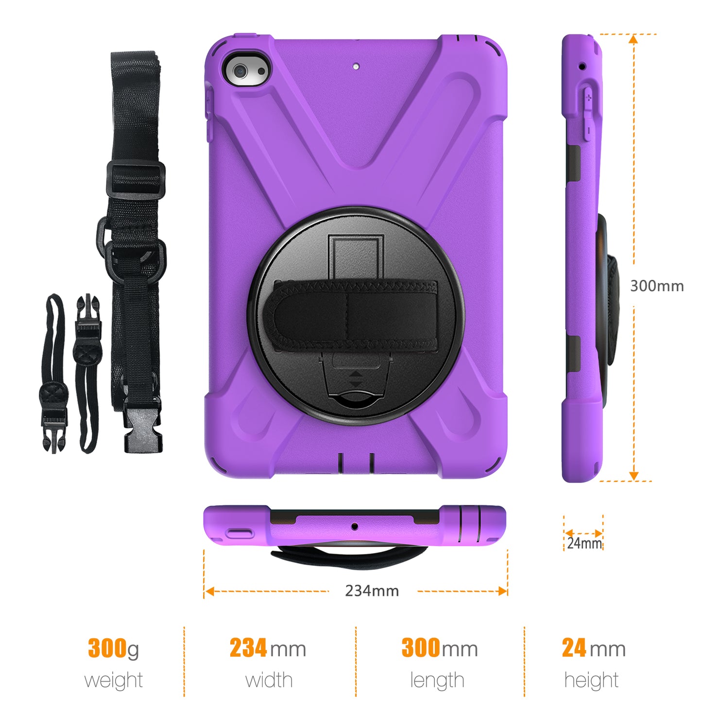 For iPad mini (2019) 7.9 inch / mini 4 X-Shape PC + TPU Rotary Kickstand Cover with Handstrap + Shoulder Strap