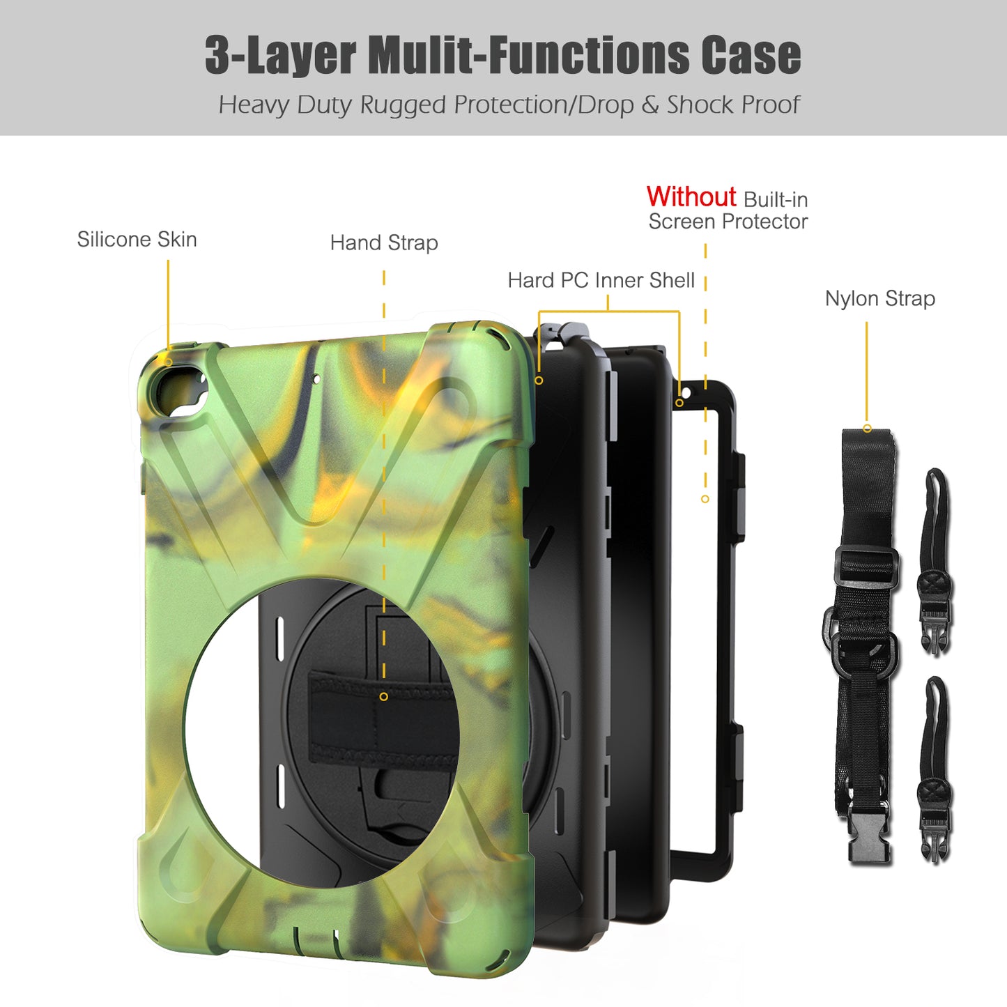 For iPad mini (2019) 7.9 inch / mini 4 X-Shape PC + TPU Rotary Kickstand Cover with Handstrap + Shoulder Strap