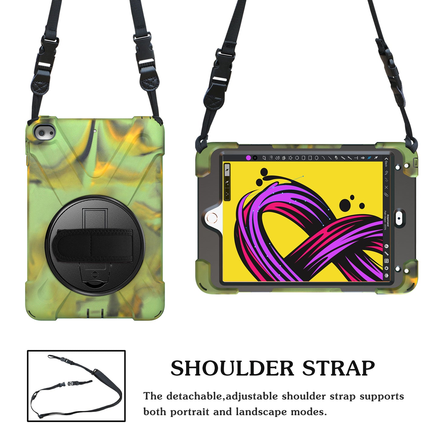 For iPad mini (2019) 7.9 inch / mini 4 X-Shape PC + TPU Rotary Kickstand Cover with Handstrap + Shoulder Strap