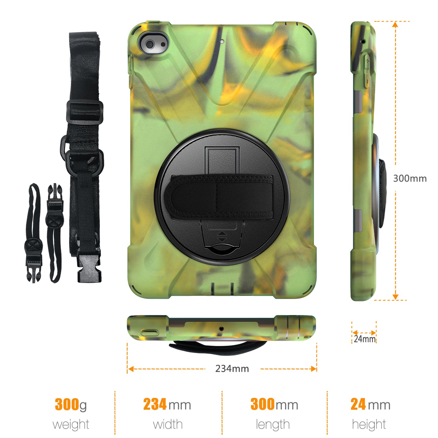 For iPad mini (2019) 7.9 inch / mini 4 X-Shape PC + TPU Rotary Kickstand Cover with Handstrap + Shoulder Strap