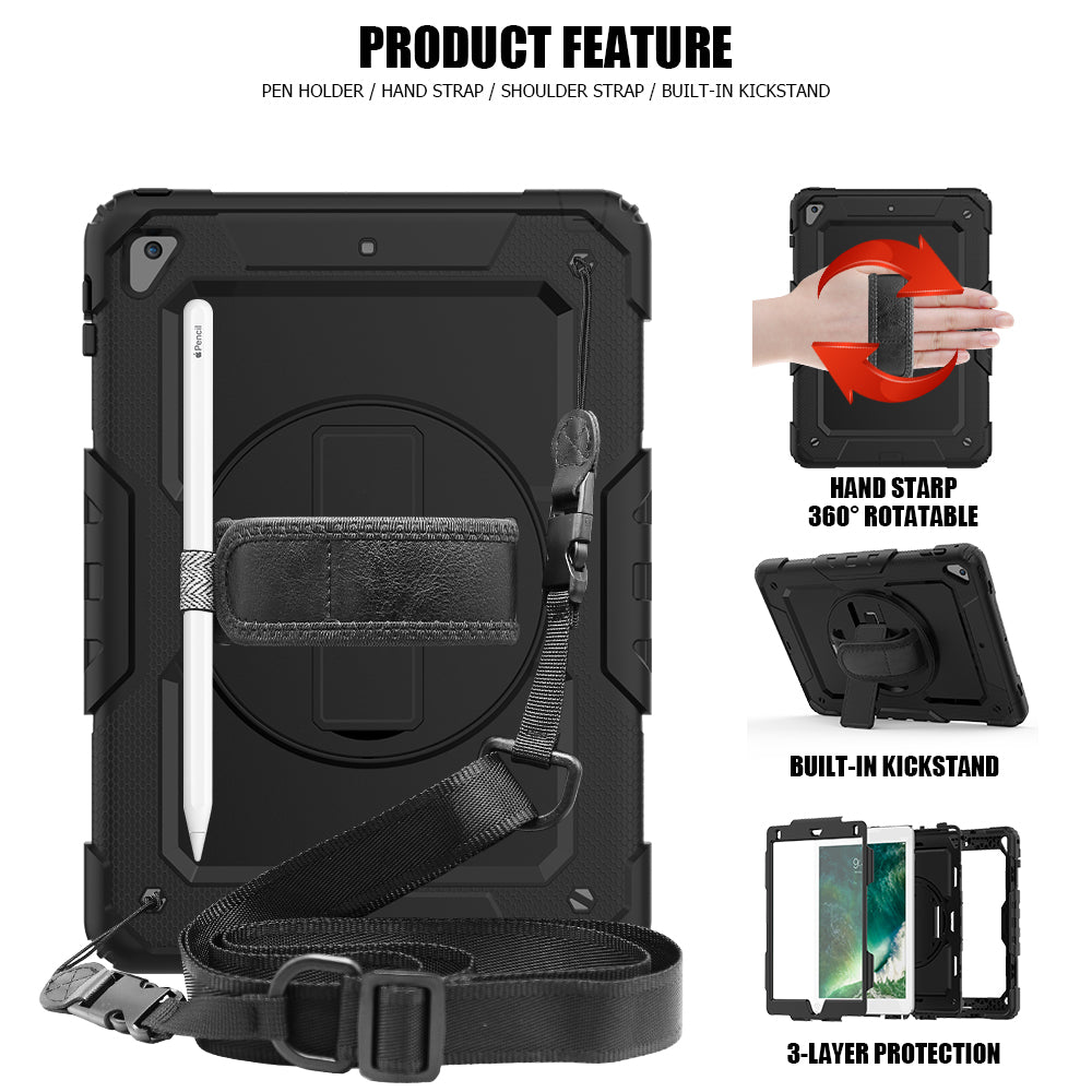 For iPad 9.7-inch (2018)/(2017)/Air 2/iPad Pro 9.7 inch (2016) 360° Swivel Handy Strap Kickstand Tablet Case PC Silicone Cover with Shoulder Strap