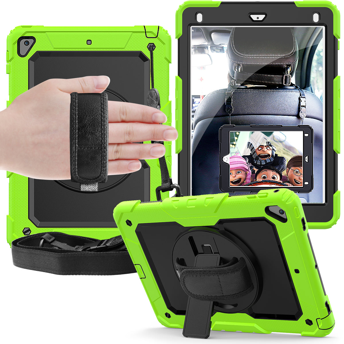 For iPad 9.7-inch (2018)/(2017)/Air 2/iPad Pro 9.7 inch (2016) 360° Swivel Handy Strap Kickstand Tablet Case PC Silicone Cover with Shoulder Strap