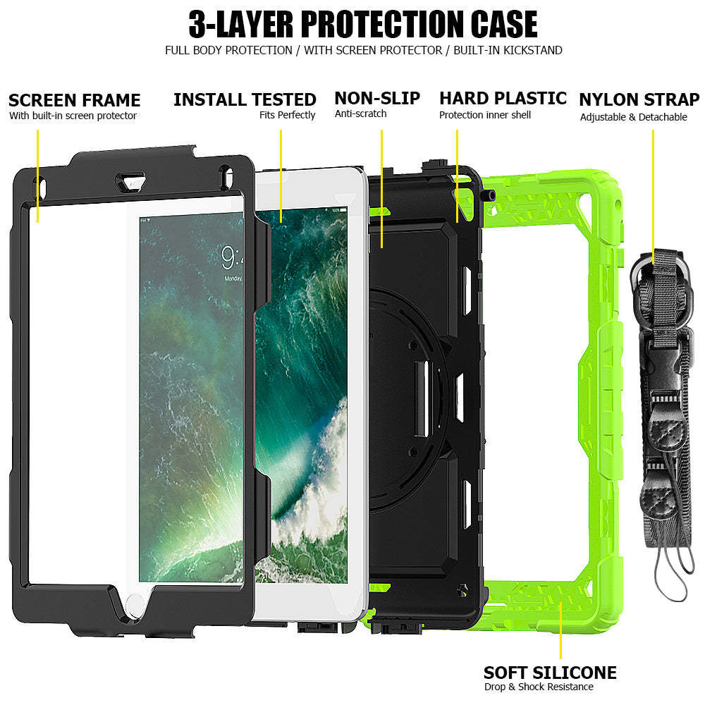 For iPad 9.7-inch (2018)/(2017)/Air 2/iPad Pro 9.7 inch (2016) 360° Swivel Handy Strap Kickstand Tablet Case PC Silicone Cover with Shoulder Strap