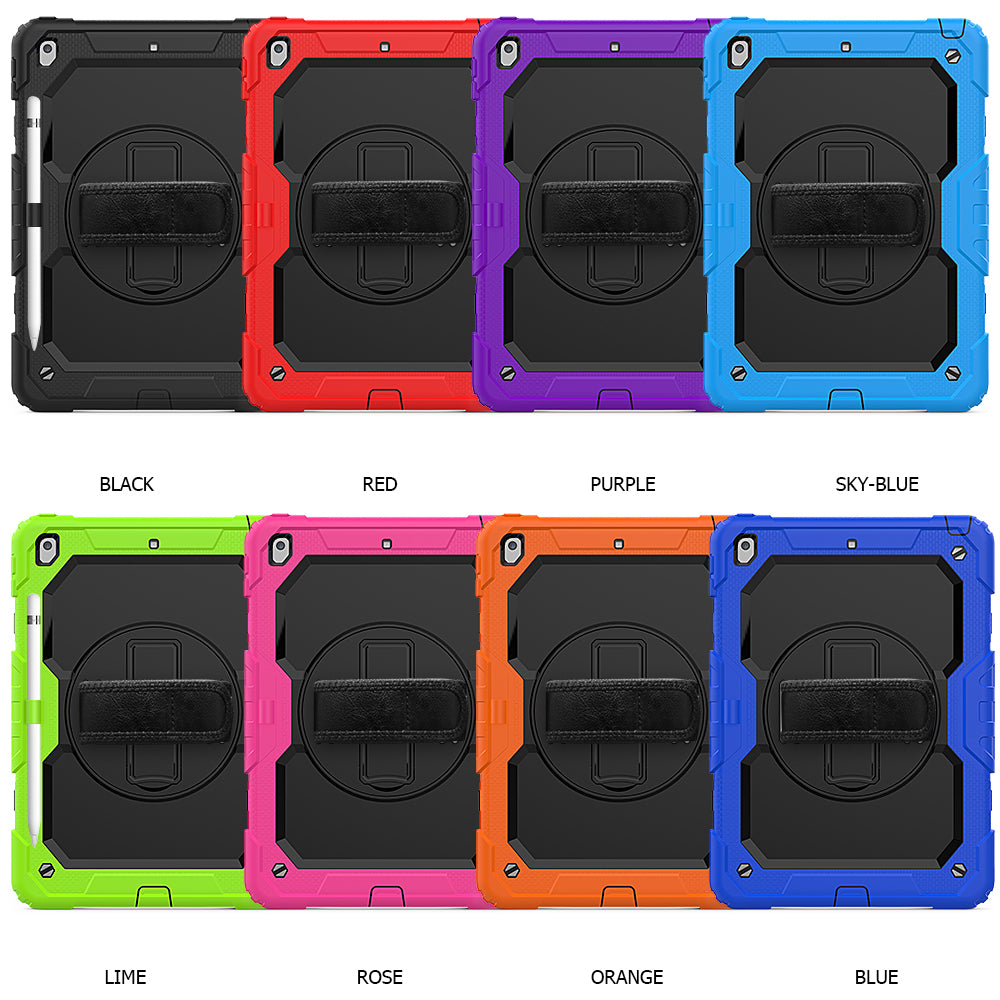 For iPad 10.2 (2020)/(2019) 360° Swivel Kickstand PC + Silicone Tablet Case Hand Strap Protective Cover with Shoulder Strap