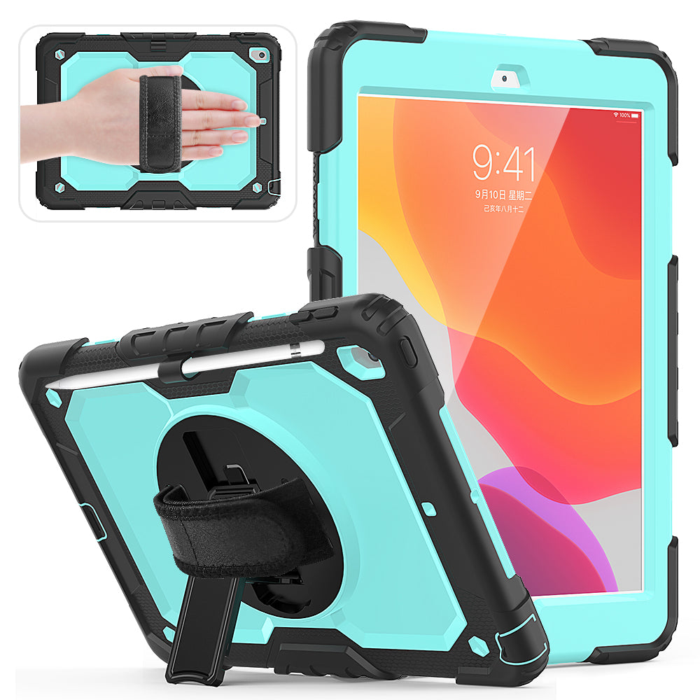 For iPad 10.2 (2020)/(2019) 360° Swivel Kickstand PC + Silicone Tablet Case Hand Strap Protective Cover with Shoulder Strap