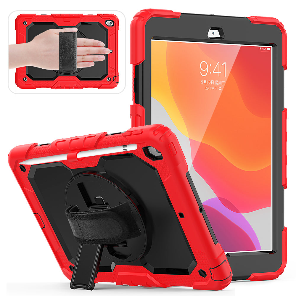 For iPad 10.2 (2020)/(2019) 360° Swivel Kickstand PC + Silicone Tablet Case Hand Strap Protective Cover with Shoulder Strap