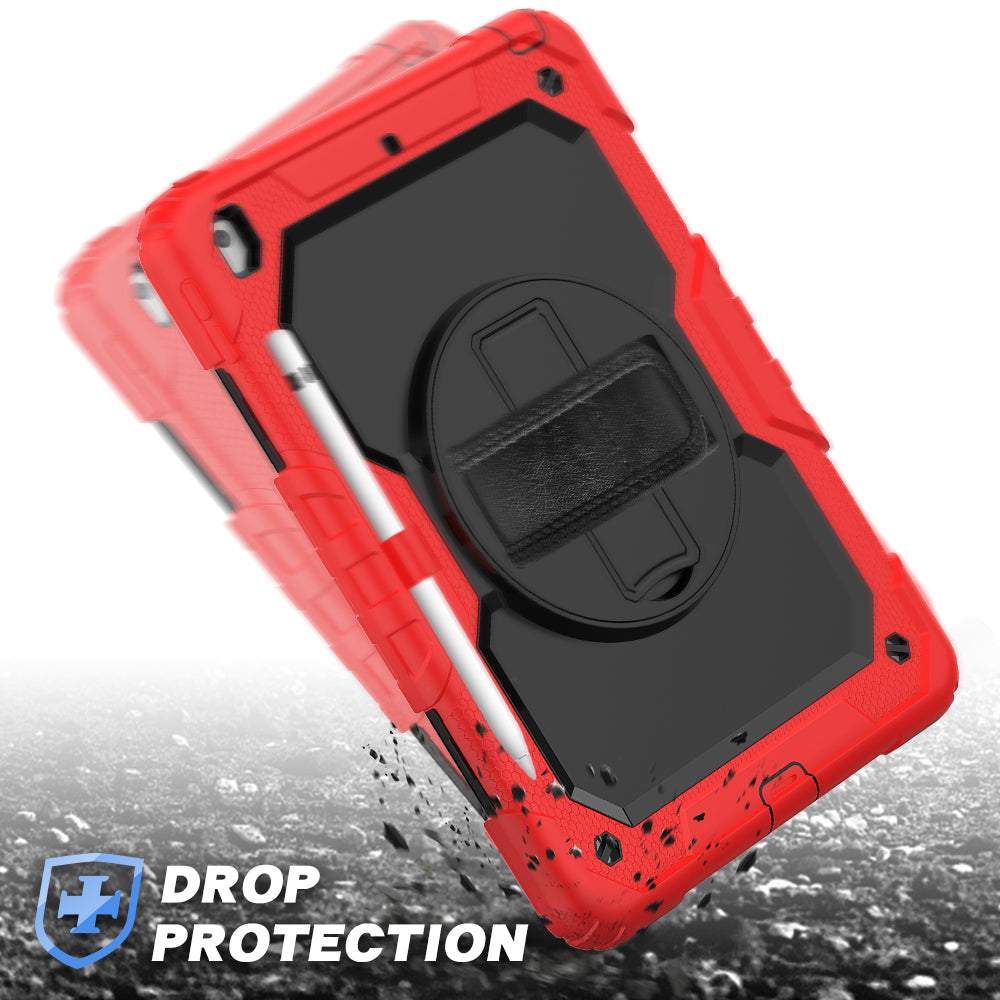 For iPad 10.2 (2020)/(2019) 360° Swivel Kickstand PC + Silicone Tablet Case Hand Strap Protective Cover with Shoulder Strap