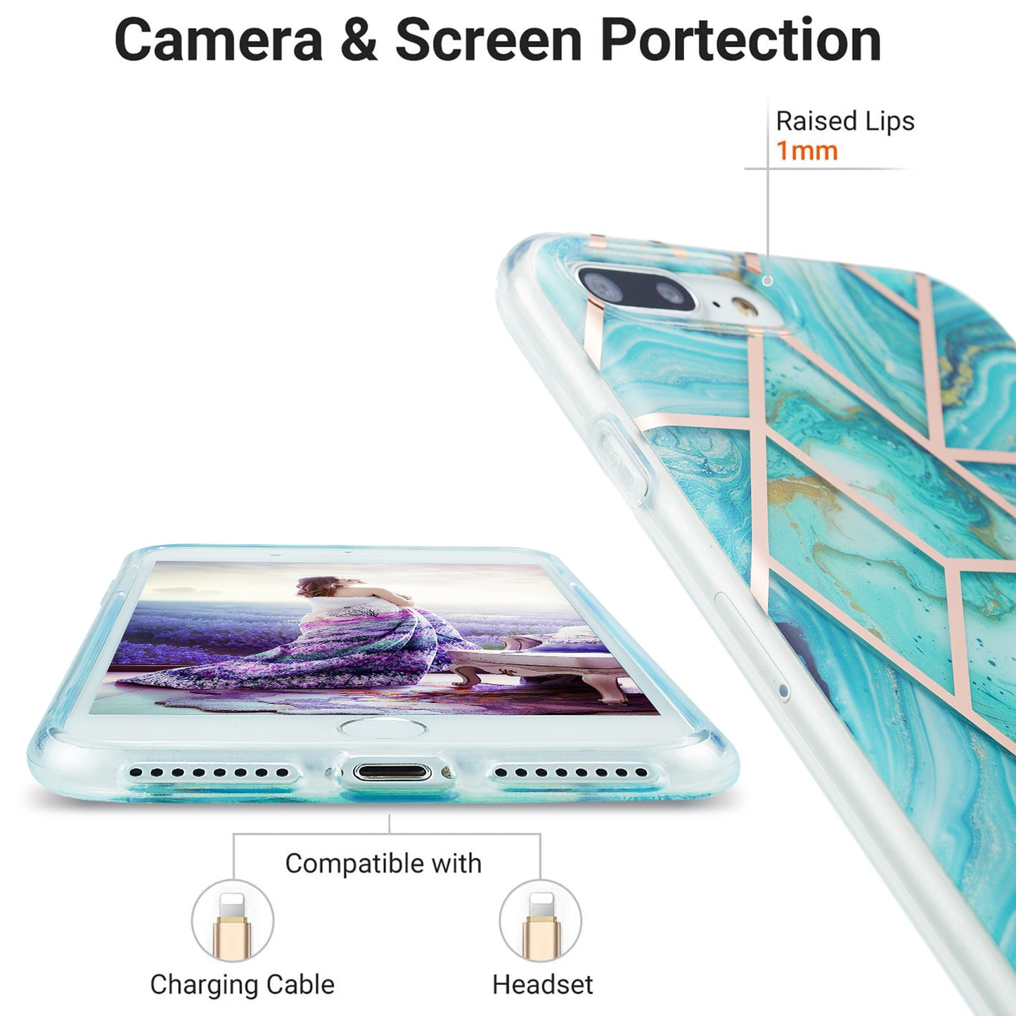 2.0mm Electroplating IMD Splicing Marble Pattern Design TPU Protector Cover for iPhone 7 Plus/8 Plus