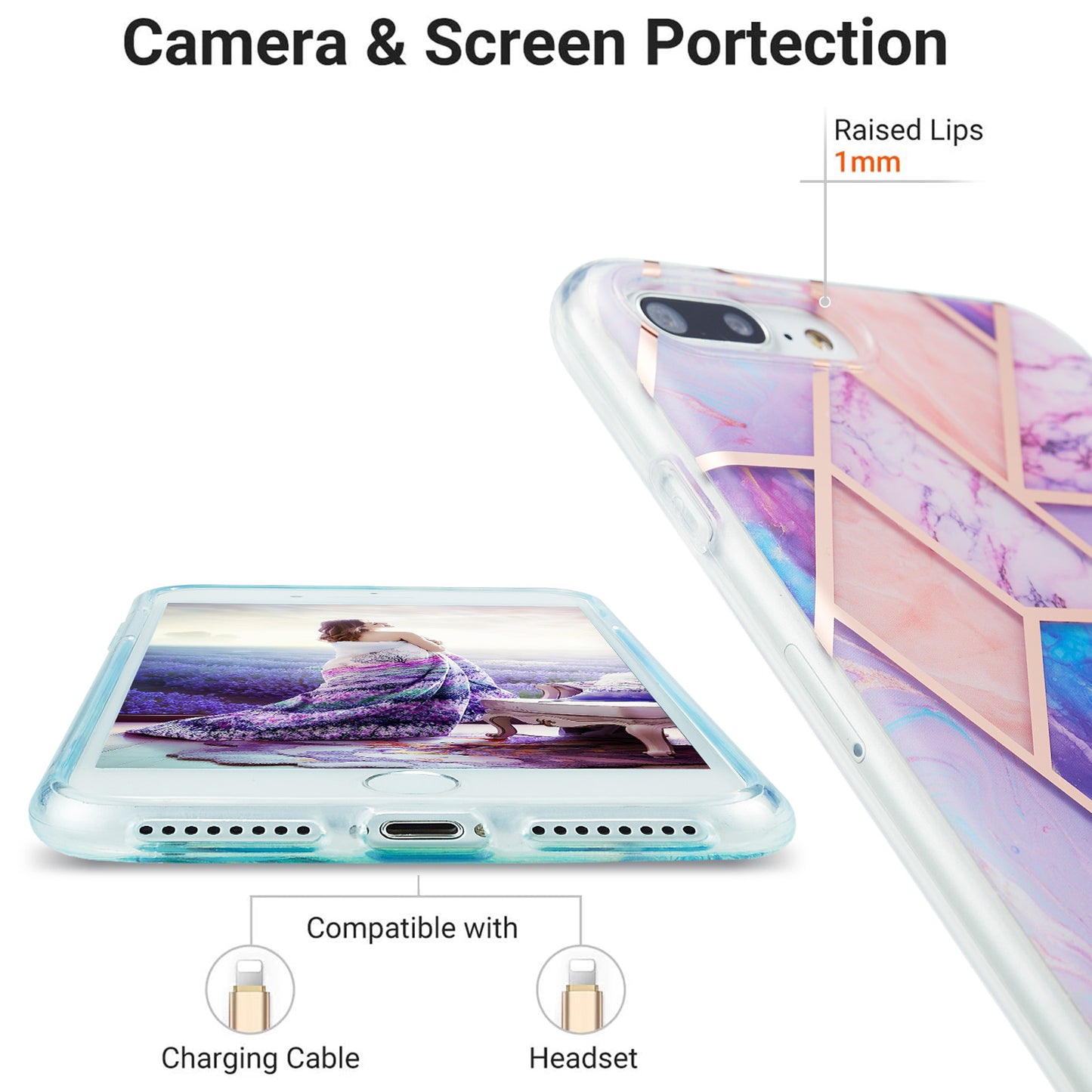 2.0mm Electroplating IMD Splicing Marble Pattern Design TPU Protector Cover for iPhone 7 Plus/8 Plus