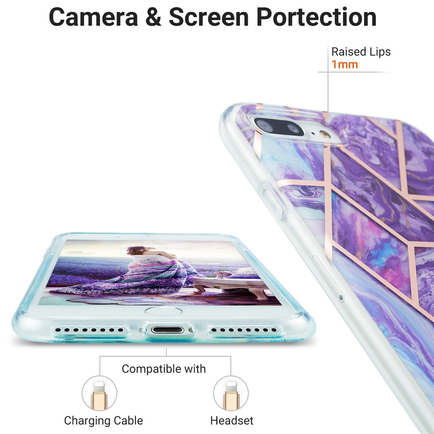 2.0mm Electroplating IMD Splicing Marble Pattern Design TPU Protector Cover for iPhone 7 Plus/8 Plus