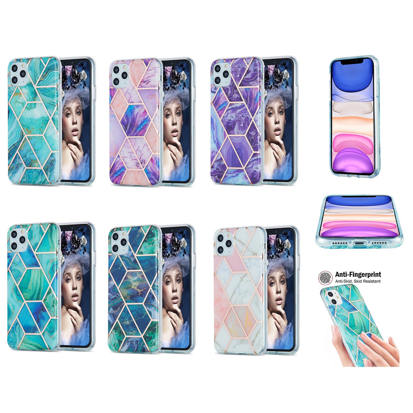 2.0mm Electroplating IMD Marble Pattern Splicing Full Protection TPU Protector Cover for iPhone 11 Pro Max
