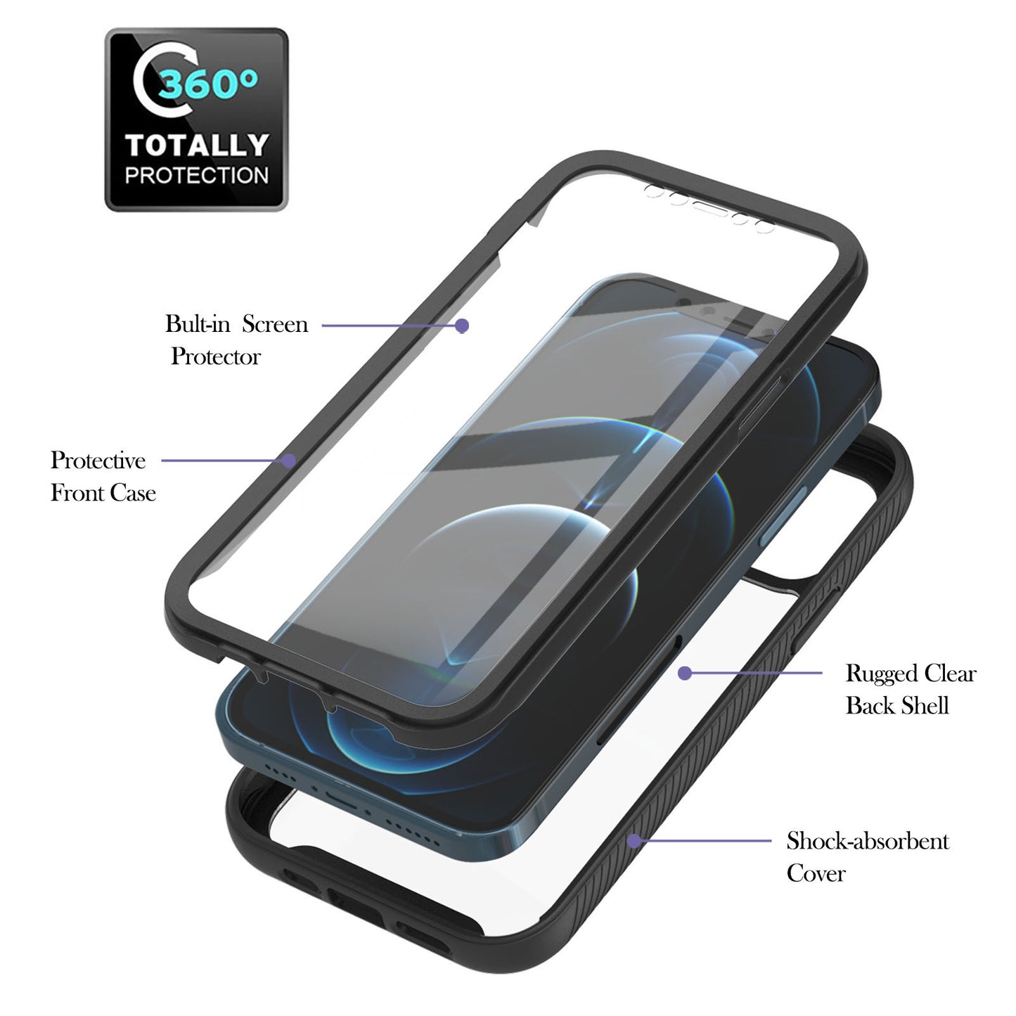 Full-Coverage Protection Case with PET Screen Protector for iPhone 12 Pro Max PC+TPU Hybrid Cover