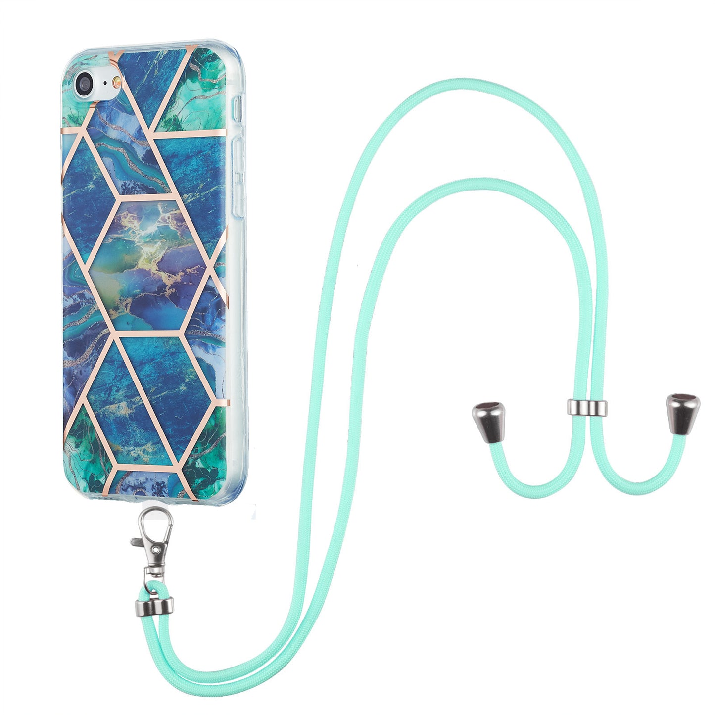 2.0mm IMD Electroplating Marble Pattern Splicing TPU Phone Case with Lanyard for iPhone 7 4.7 inch/8 4.7 inch/SE (2020)/SE (2022)