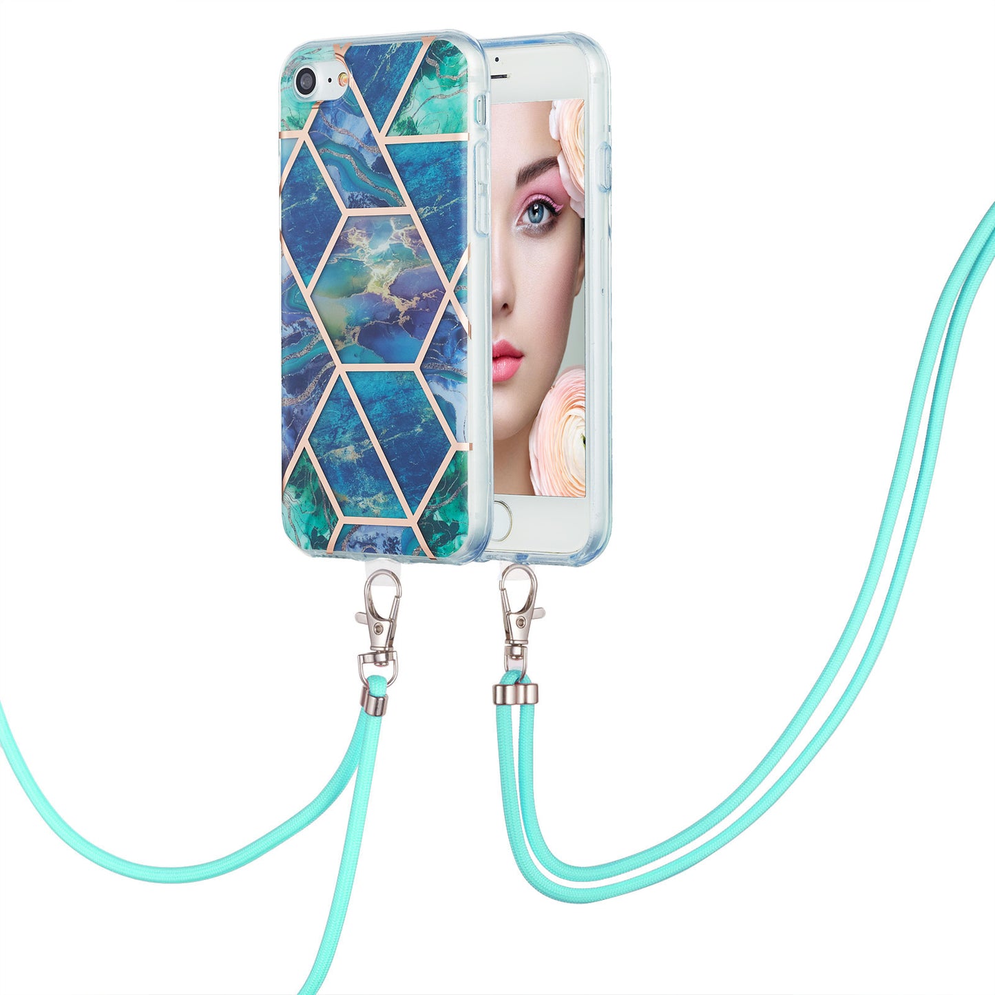 2.0mm IMD Electroplating Marble Pattern Splicing TPU Phone Case with Lanyard for iPhone 7 4.7 inch/8 4.7 inch/SE (2020)/SE (2022)